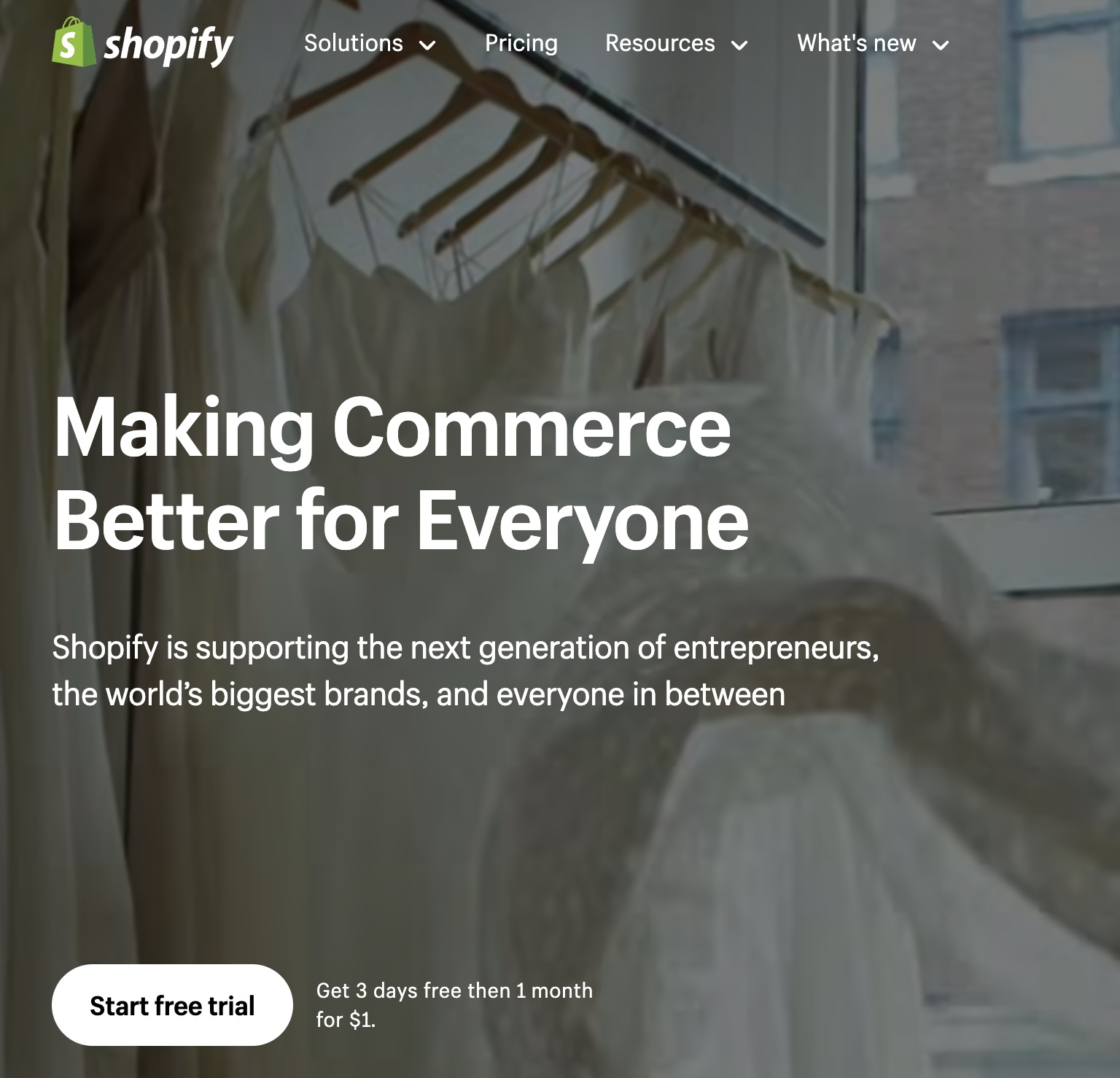 B2B messaging framework example - messaging by solution. Showing Shopify homepage